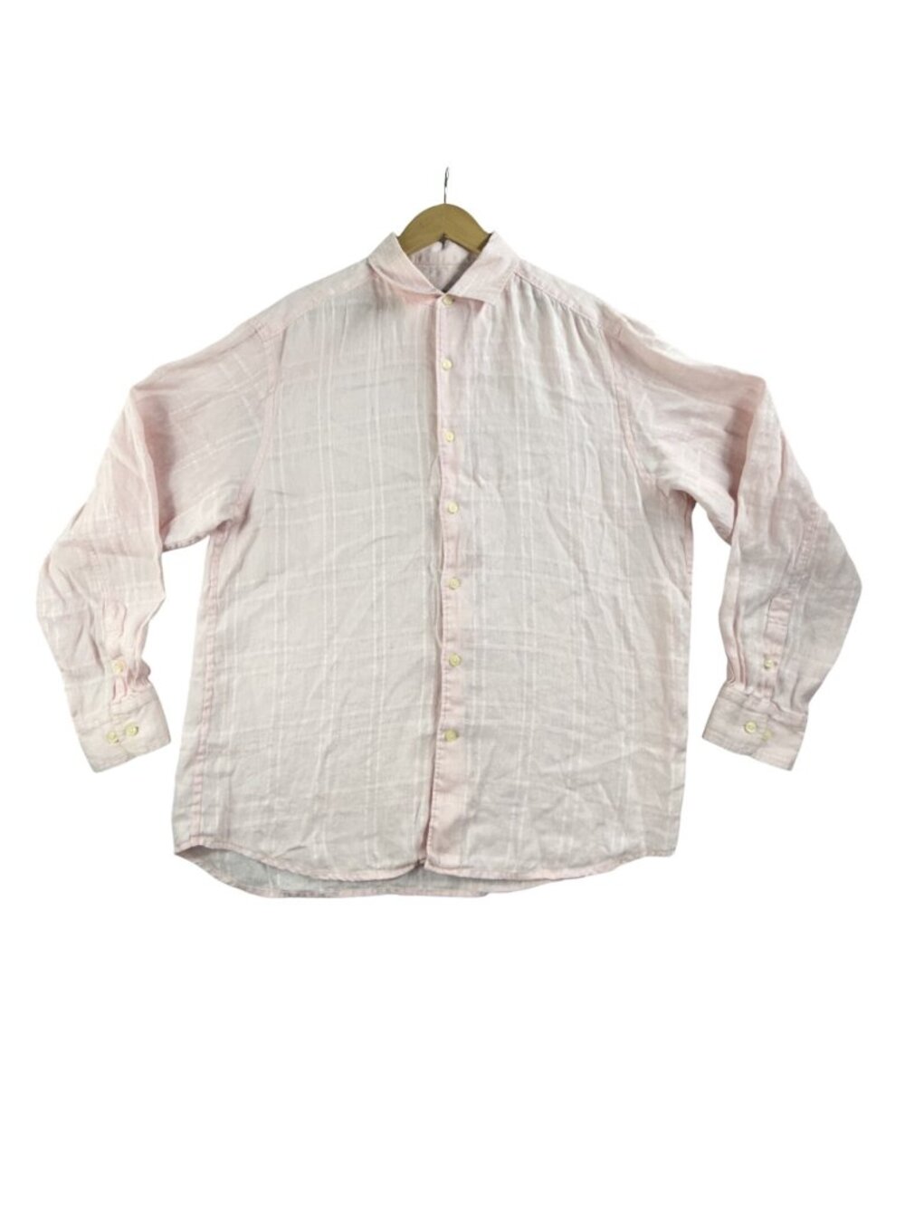 Tommy Bahama Shirt Mens Large Pink Plaid Linen Button Up Long Sleeve Band Collar